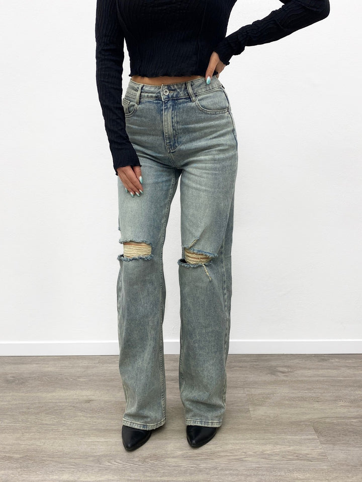 Liv Ripped Wide Leg Jeans Washed Blue