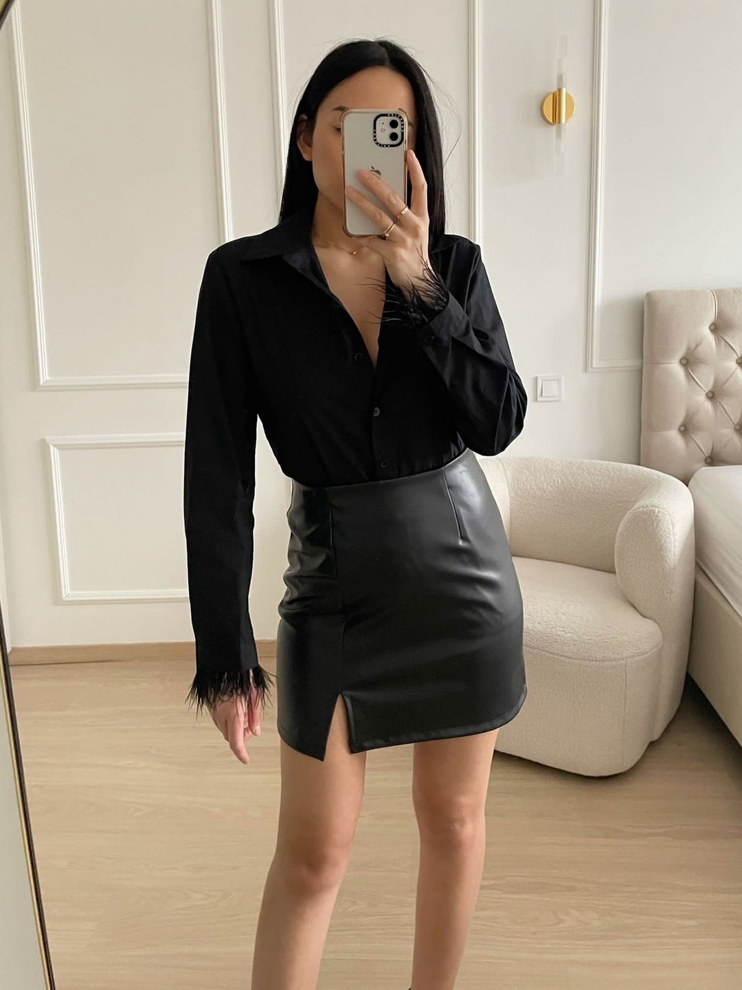 Leather Look Split Skirt Black